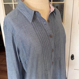 Anthropologie Postal Stamp Blue Pintuck Button-Down Shirt Size 12